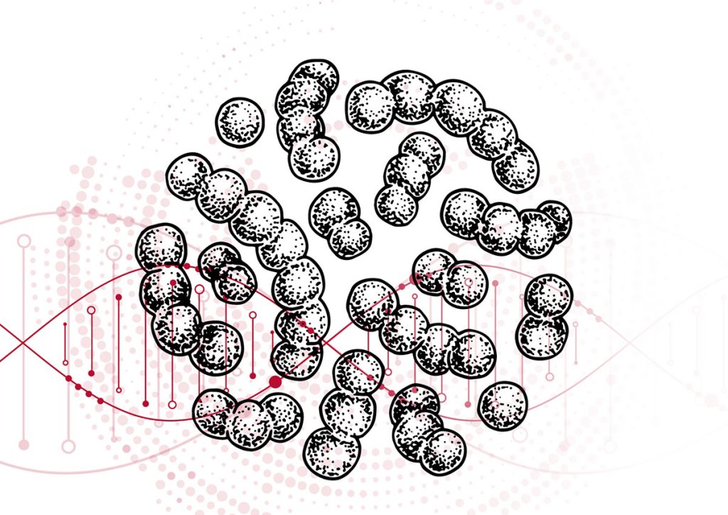 Black and white graphic image of atoms with red DNA outlined behind it.