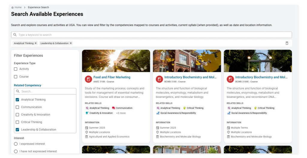 Screenshot showcasing the new user interface for the University of Georgia's Comprehensive Learner Record experience search tool.