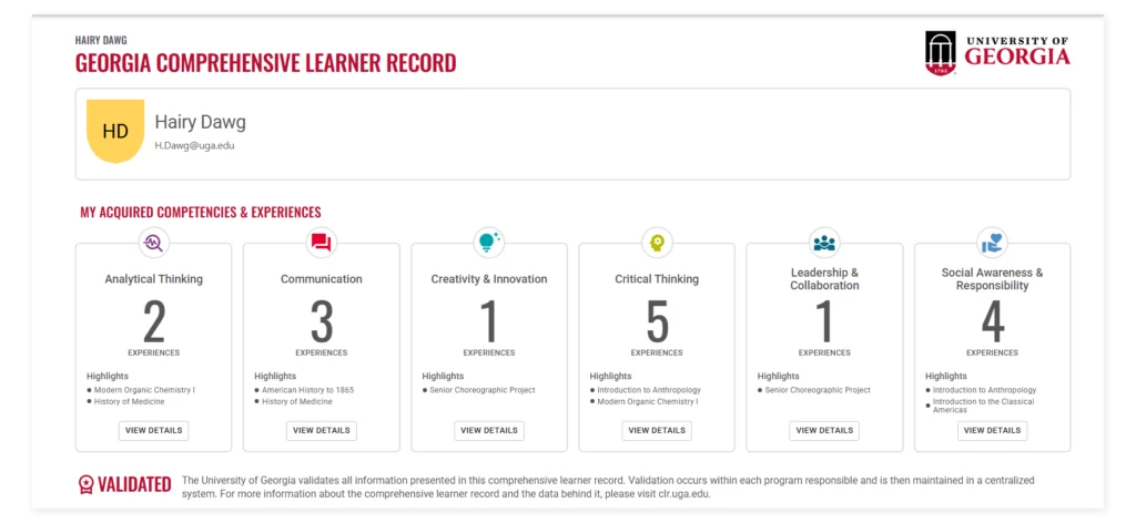 Screenshot showcasing the new, shareable, student credentials dashboard for the University of Georgia's Comprehensive Learner Record system.